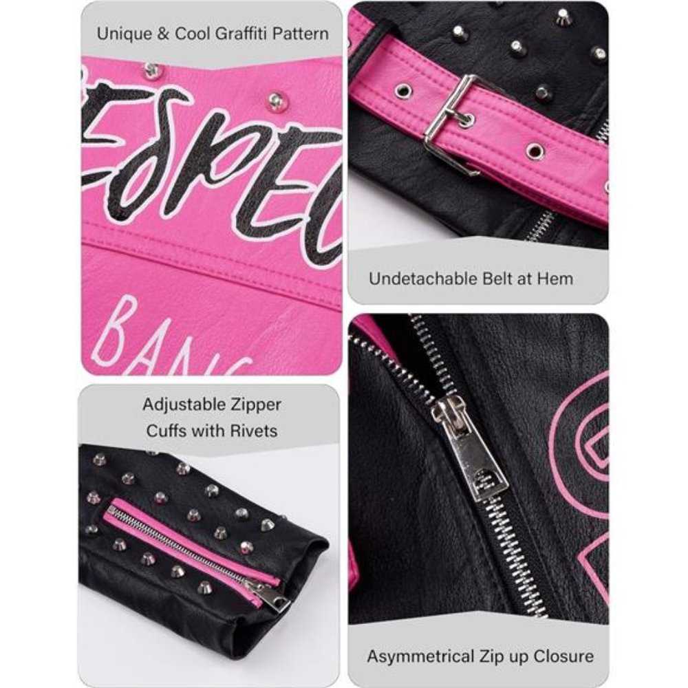 Women Faux Leather Jacket Studded Rivet Winter Streetwear Belted, Black-Pink - Picture 4 of 6